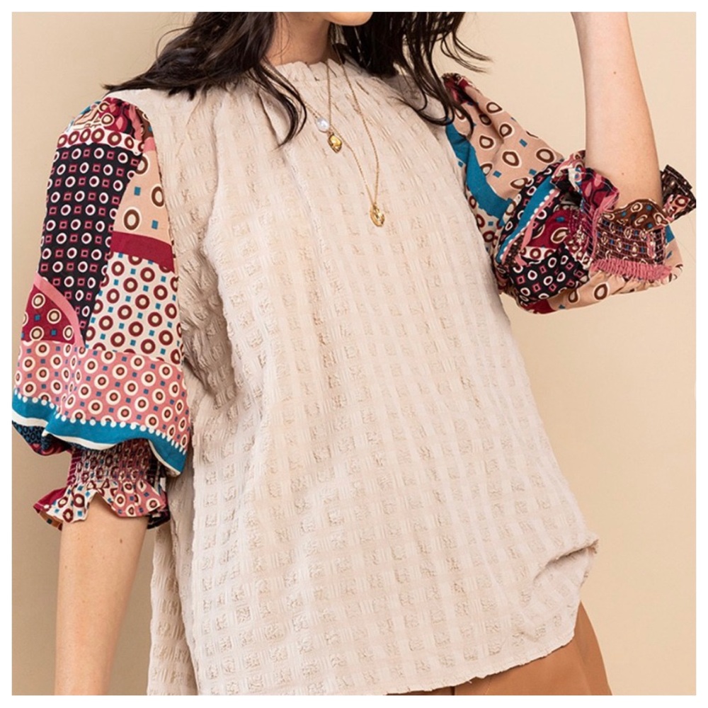 08 Boho Multi Fabric Ruffle Half Sleeve Blouse Top